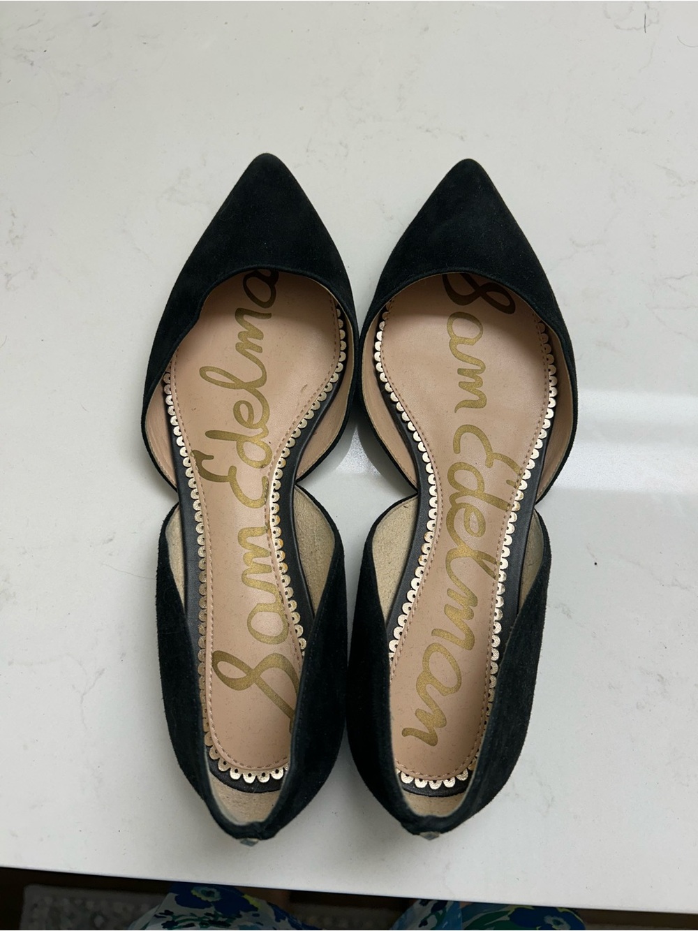 Sam Edelman Black Suede Pointed D'Orsay Flats with Scalloped Insole